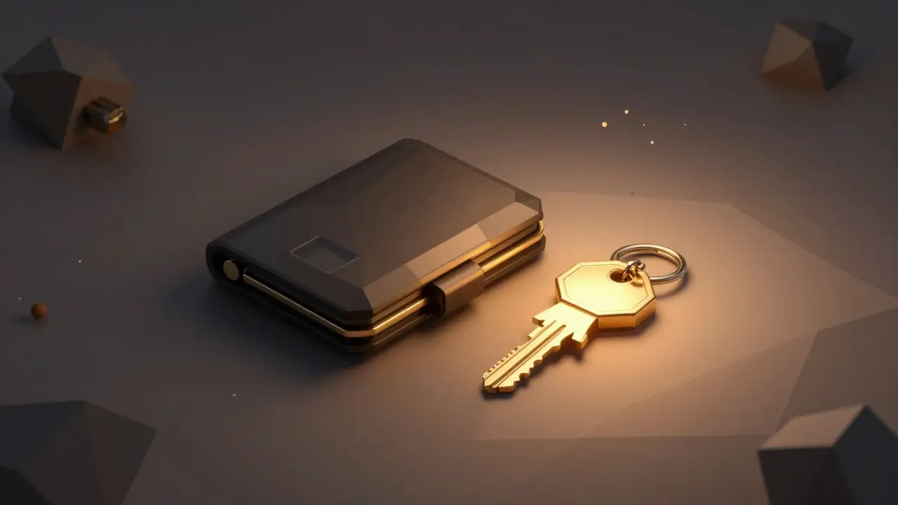 Stylized hardware wallet and glowing golden keychain on a desk