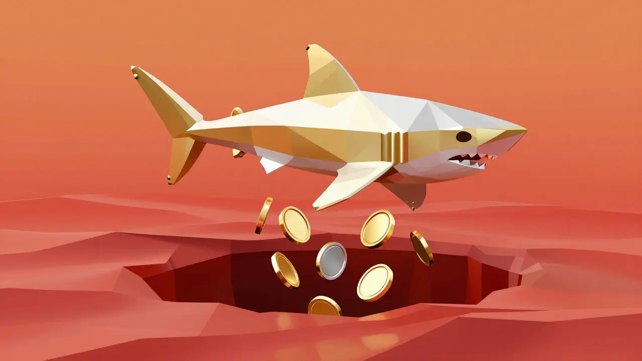 Token shark silhouette falling into a digital drain.