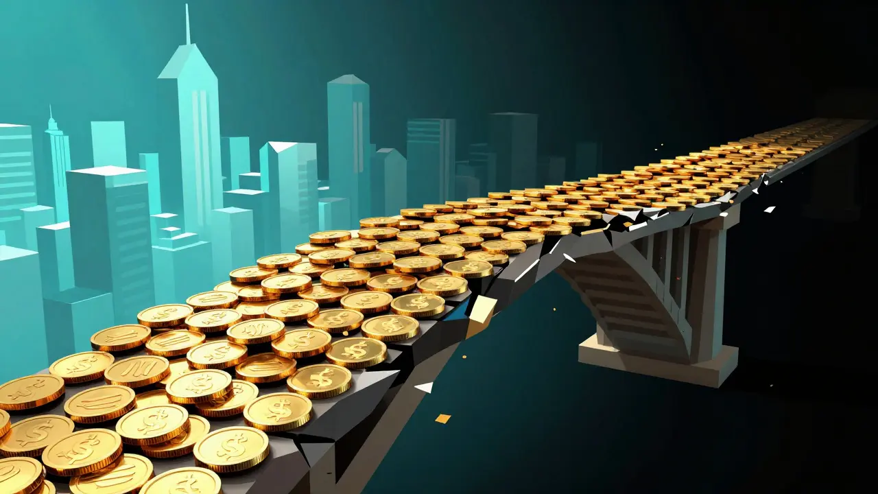 A crumbling bridge of gold coins leading from a bright city into a dark void