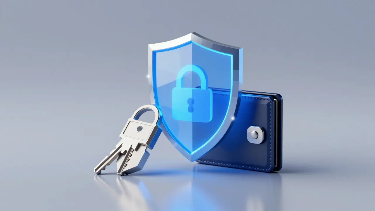 A hardware crypto wallet protected by a glowing blue digital shield