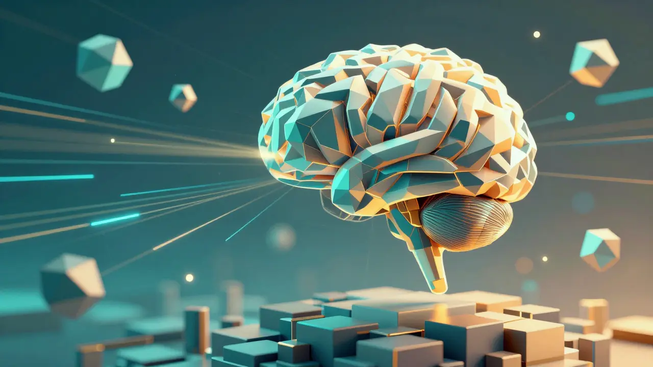 Abstract low poly illustration of an AI brain connecting to data blocks.