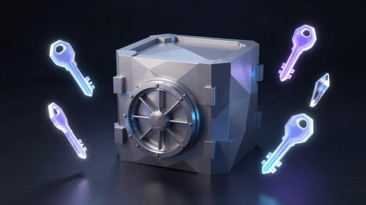 Geometric low poly digital vault surrounded by holographic key shards representing MPC security.