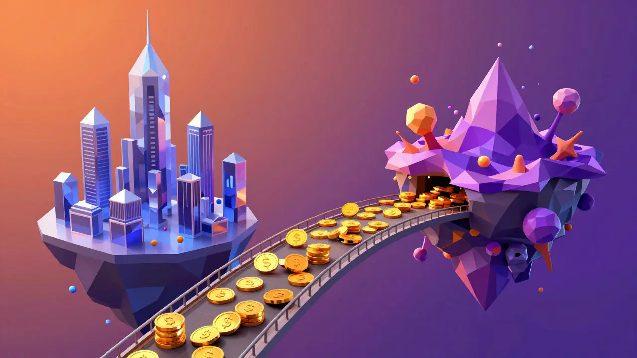 Low poly bridge connecting a centralized exchange city and a decentralized finance island.