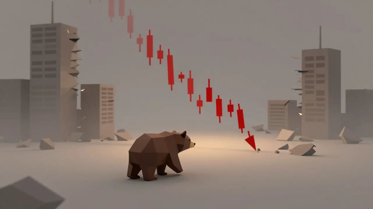 Low poly brown bear walking away from a crumbling city of red financial charts.