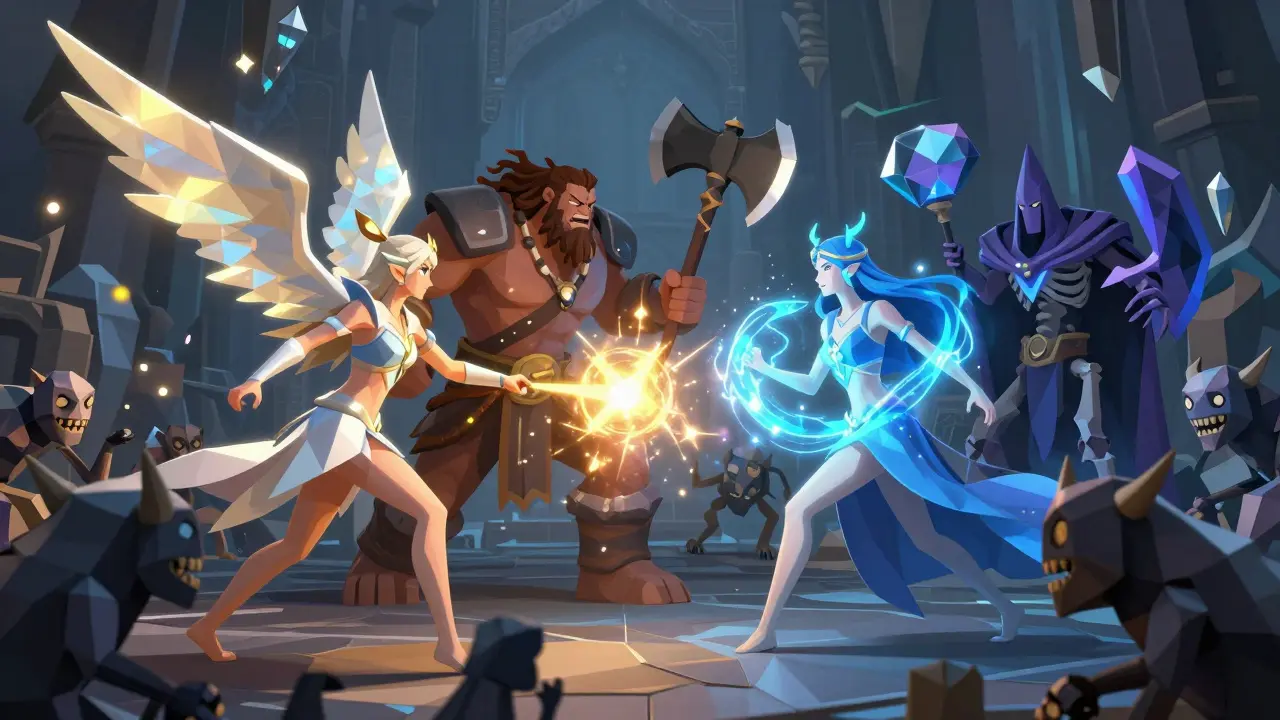 Low poly characters including a Valkyrie and Necromancer fighting monsters in a dungeon.