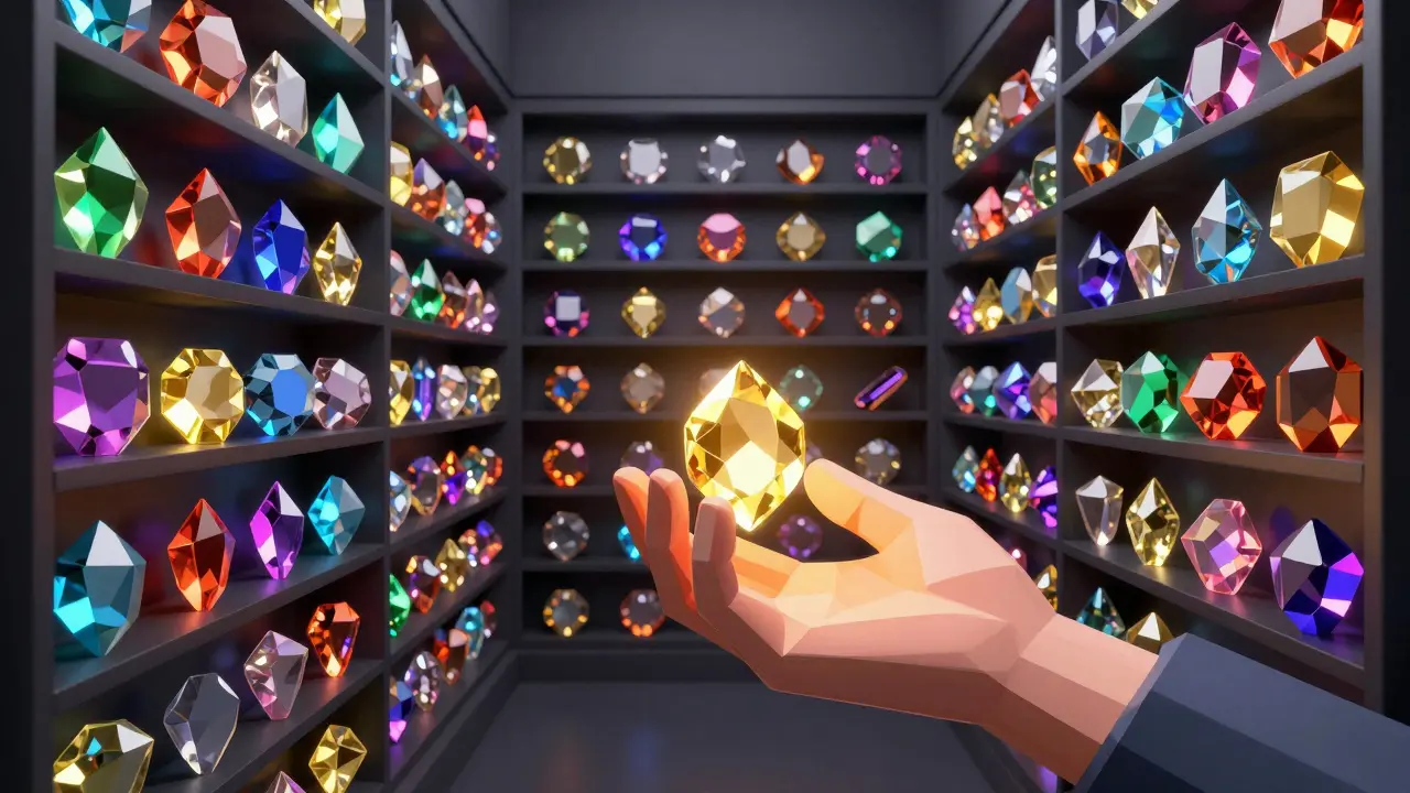 Low poly collection of colorful geometric gems representing diverse crypto assets