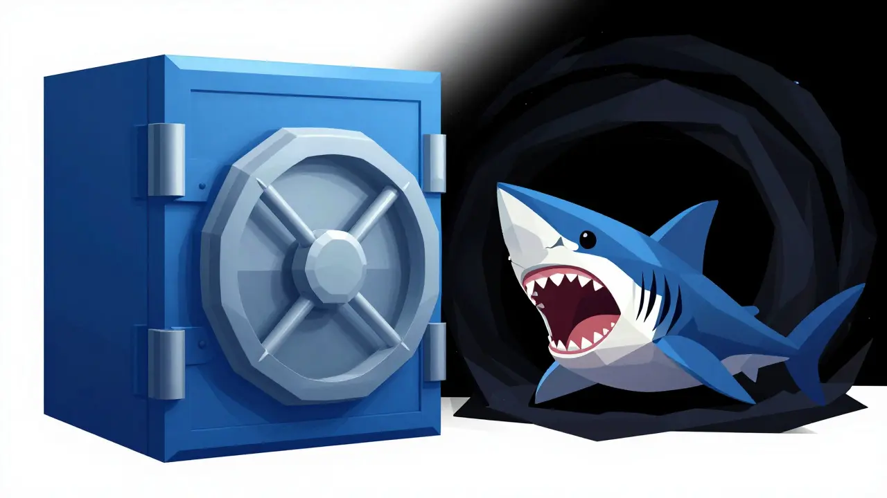 Low poly conceptual art of a secure digital vault versus a shark-shaped void