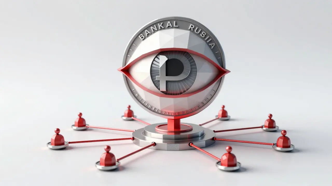 Low poly conceptual image of a digital ruble coin under the surveillance of a central authority.