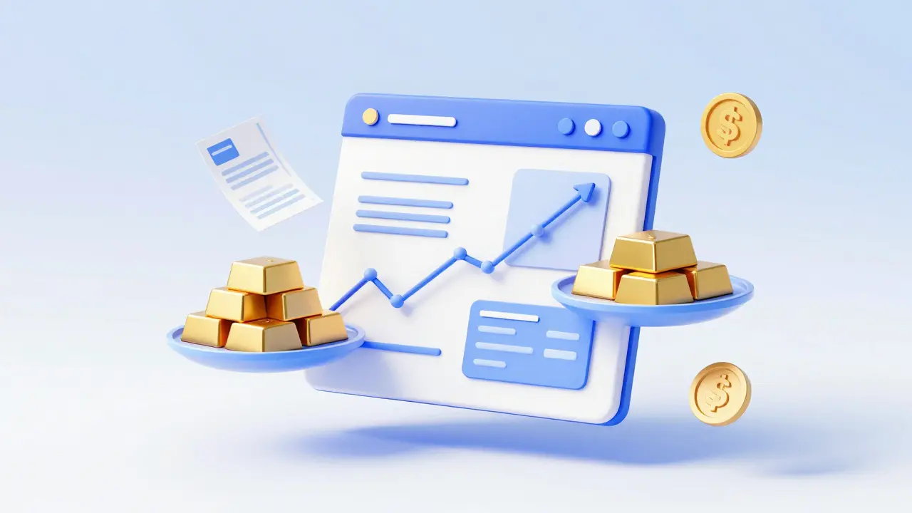 Low poly conceptual visualization of a unified portfolio of gold, stocks, and crypto tokens.