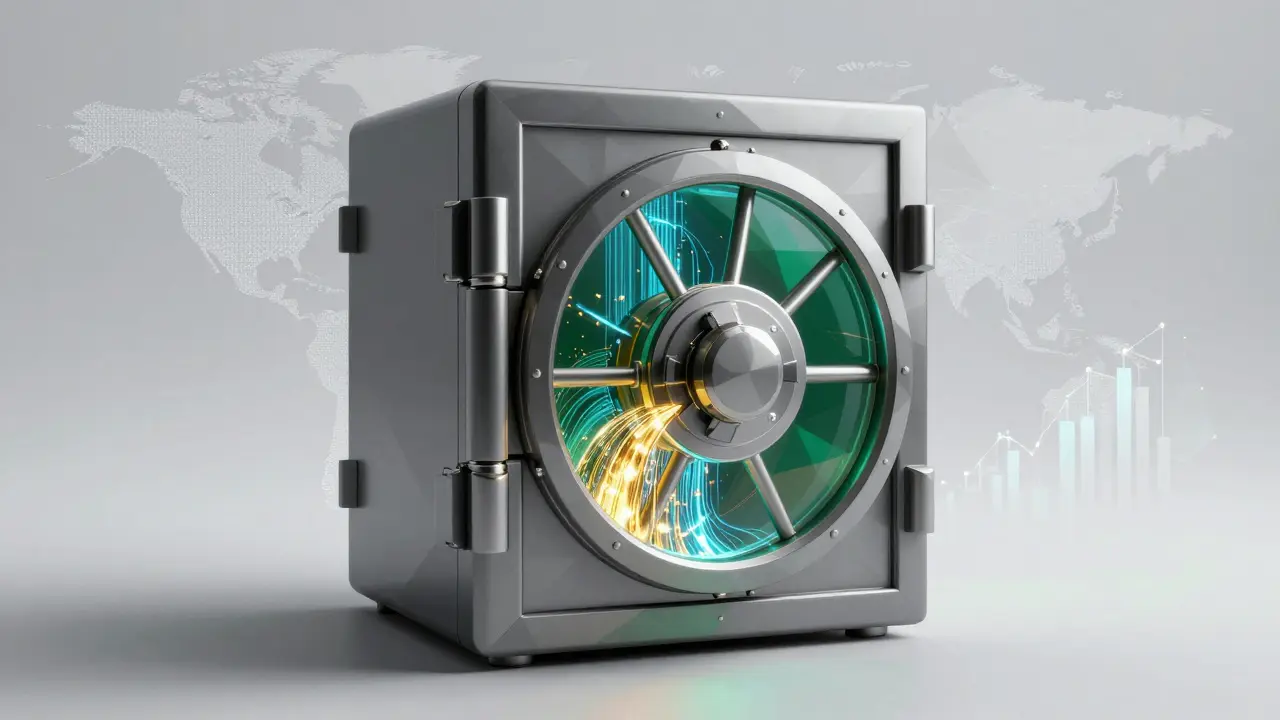 Low poly crystalline vault protecting digital assets and cryptocurrency.