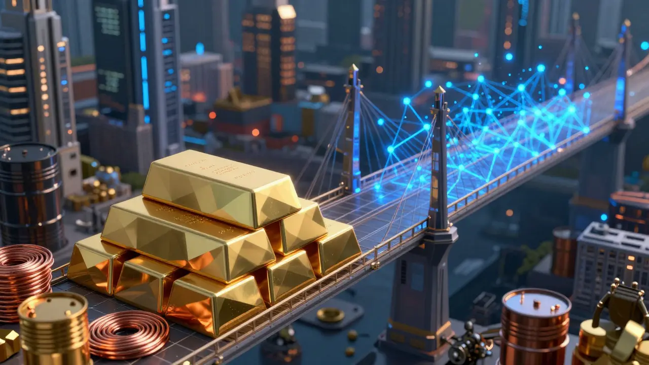 Low poly digital bridge connecting physical commodities like gold and oil to a blockchain network.