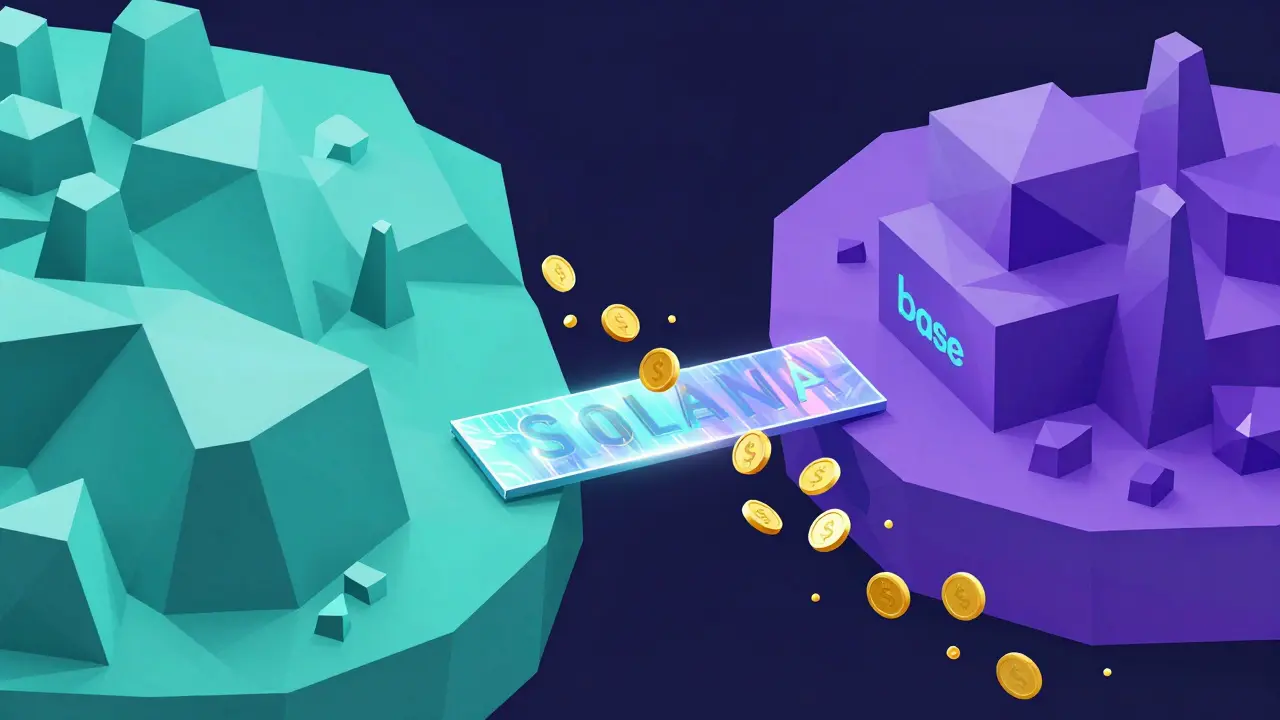 Low poly digital bridge connecting two different blockchain ecosystems with flowing tokens