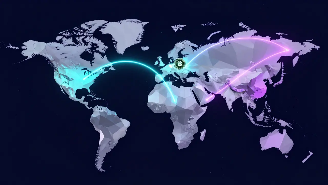 Low poly digital map showing neon crypto transaction beams bypassing financial barriers globally.