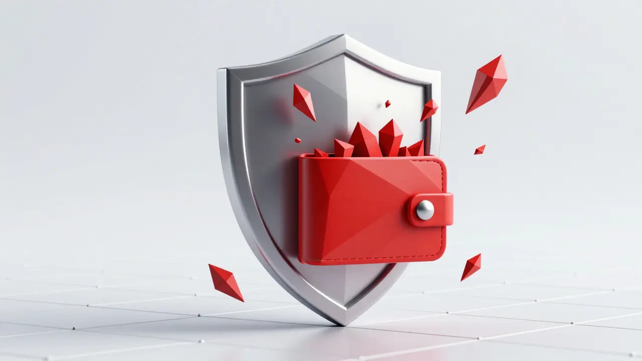 Low poly digital shield protecting a wallet from red geometric shards.