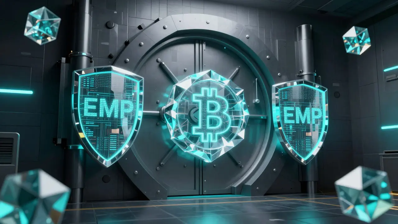 Low poly digital vault protecting cryptocurrency tokens with geometric shields.