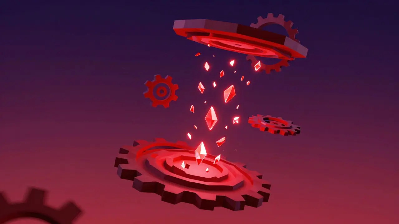 Low poly digital vortex with falling red crystals representing a cryptocurrency liquidation spiral.