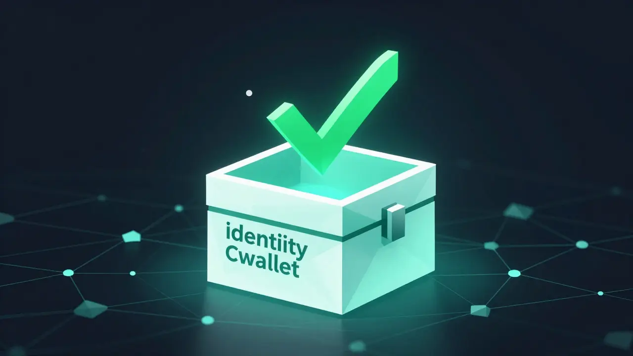 Low poly digital wallet emitting a green checkmark symbol on a network background.