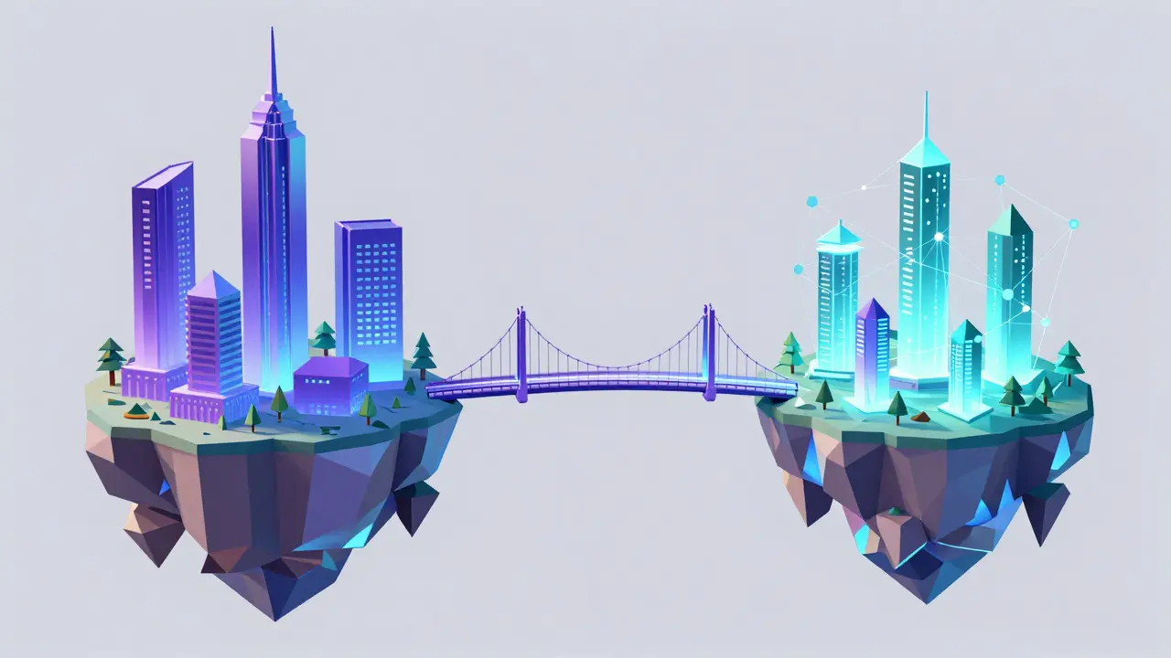 Low poly geometric bridge connecting traditional finance and blockchain islands.