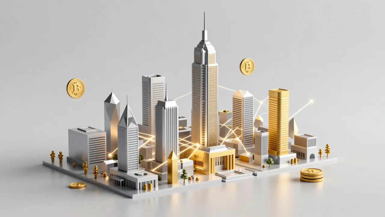 Low poly geometric city with glowing connections symbolizing financial regulation.