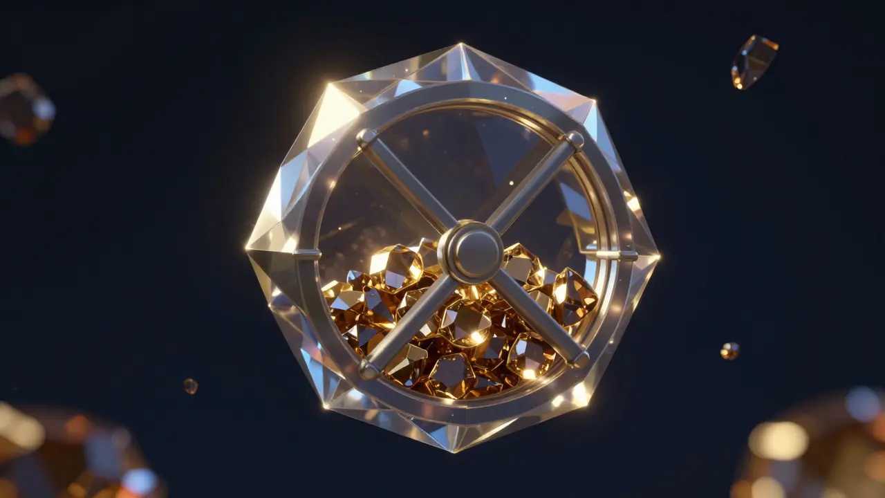 Low poly glowing brown tokens locked inside a crystalline digital vault in a dark void.