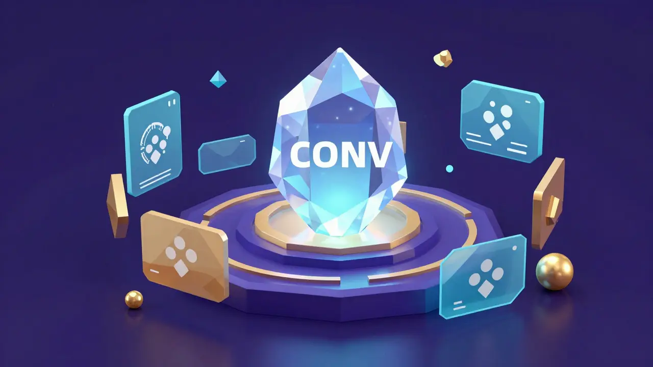 Low poly glowing crystal token surrounded by futuristic governance interface elements.