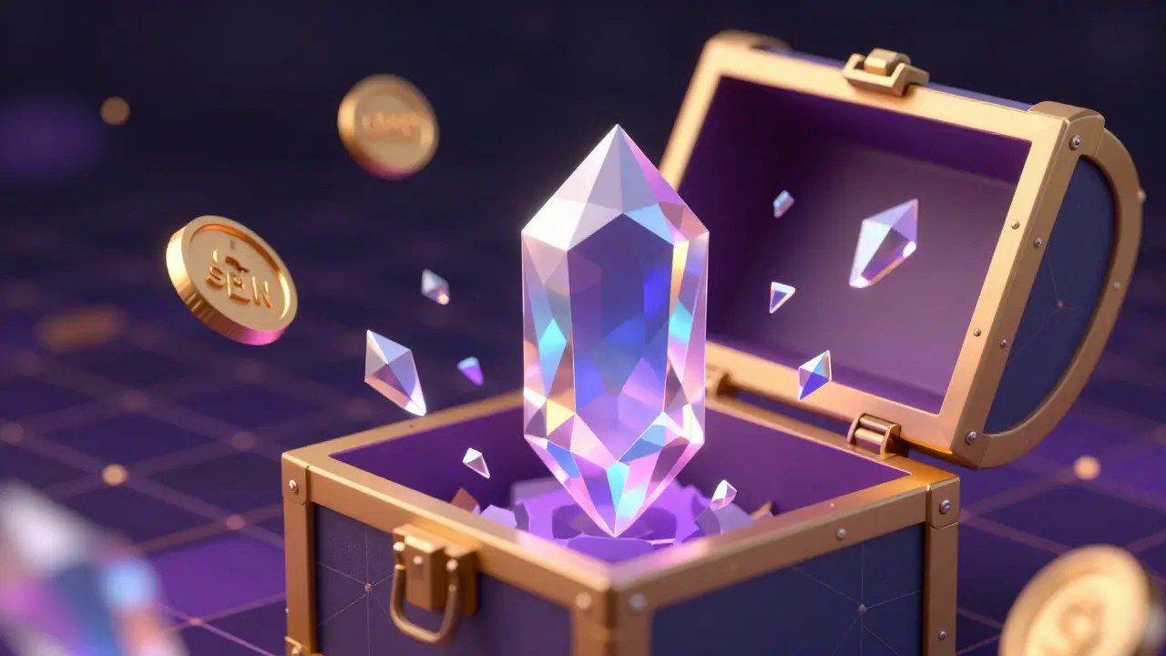 Low poly glowing NFT crystal surrounded by floating digital tokens