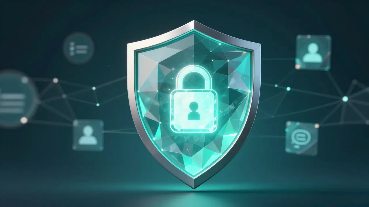 Low poly glowing token protected by a geometric digital shield to represent security.