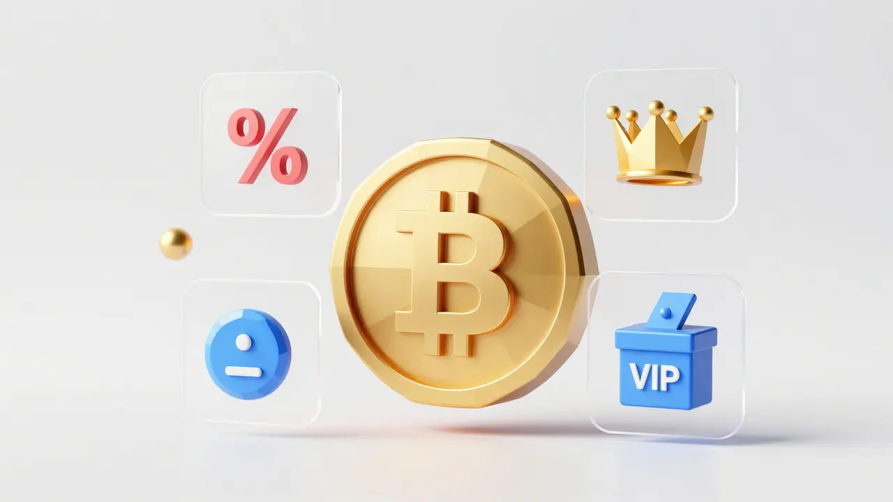 Low poly golden token unlocking holographic icons for VIP status and trading discounts.