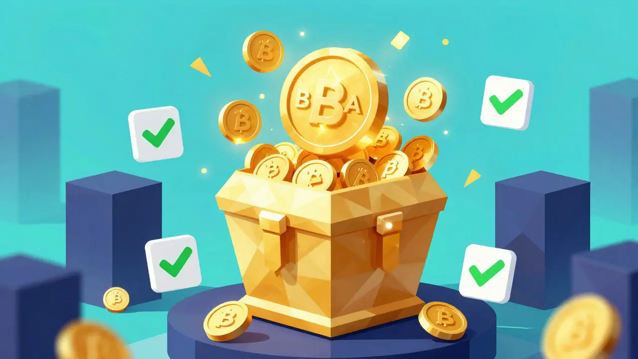 Low poly golden treasure chest with glowing tokens and voting symbols.