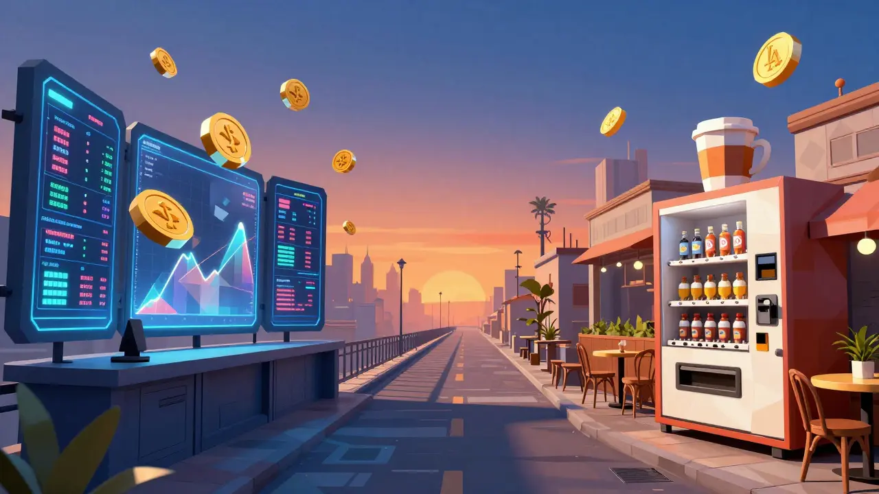 Low poly illustration connecting a digital trading terminal to a real-world cafe