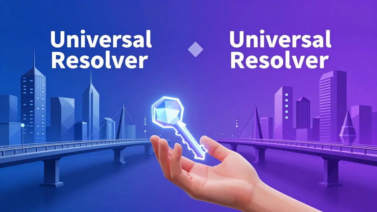 Low poly illustration of a bridge connecting two digital cities with a glowing geometric key.