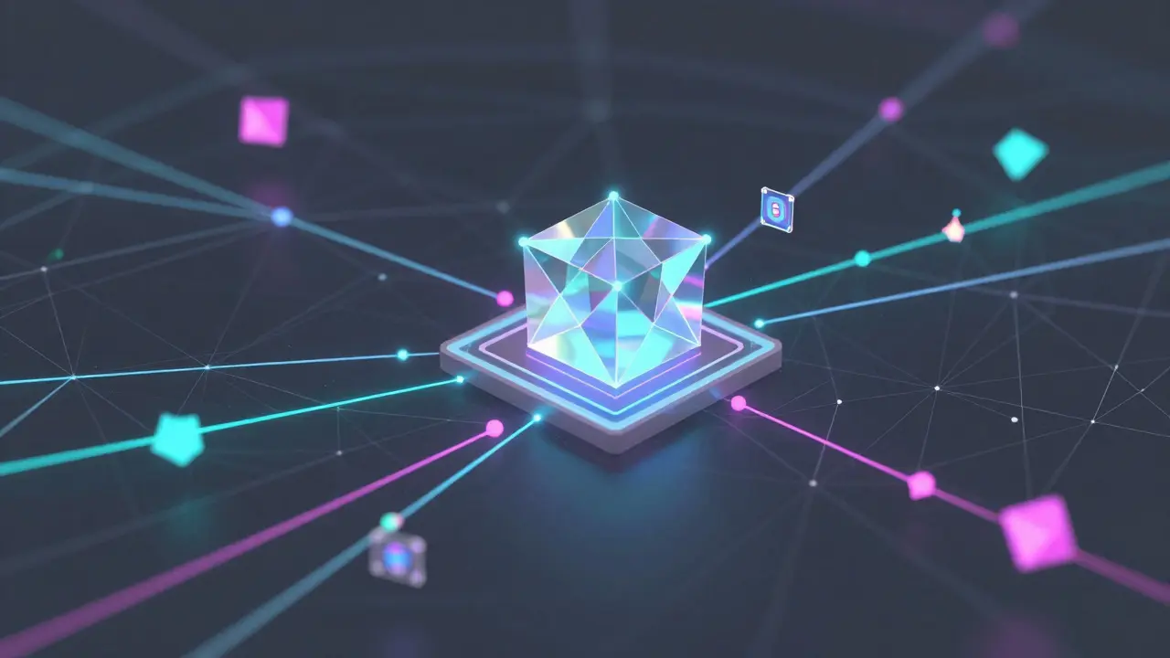 Low poly network of glowing lines and a prism representing a smart contract