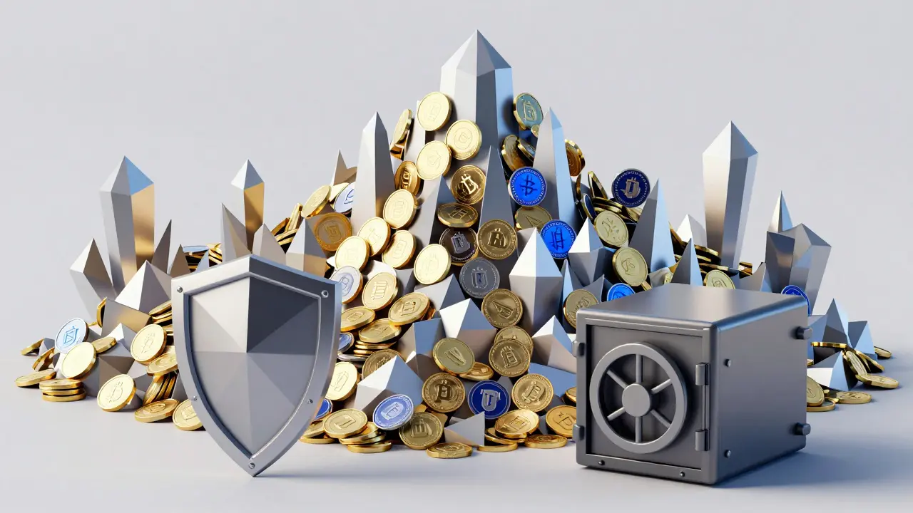 Low poly representation of a mountain of crypto tokens with a security vault