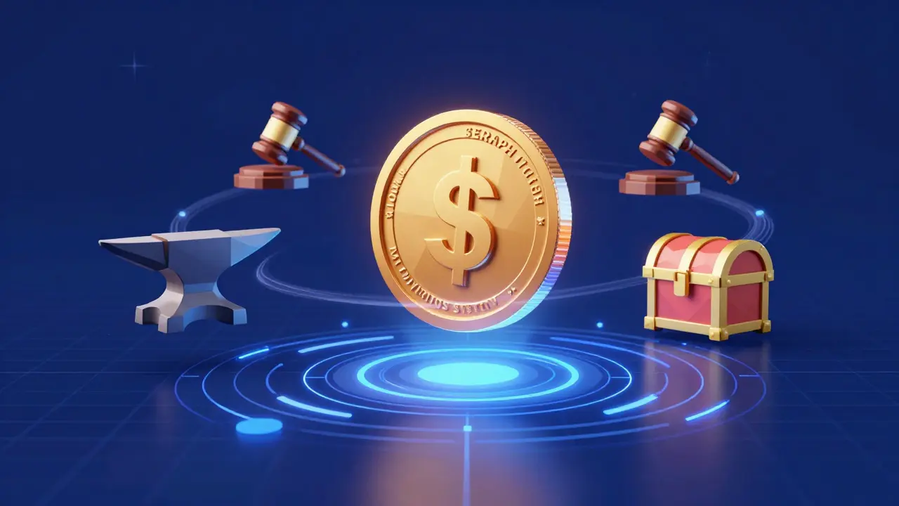 Low poly representation of the SERAPH token surrounded by gaming utility icons.