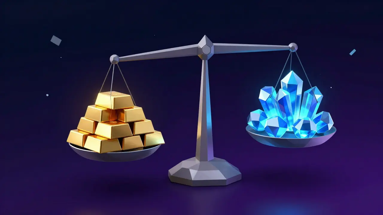 Low poly scale balancing gold bars and digital crystalline assets