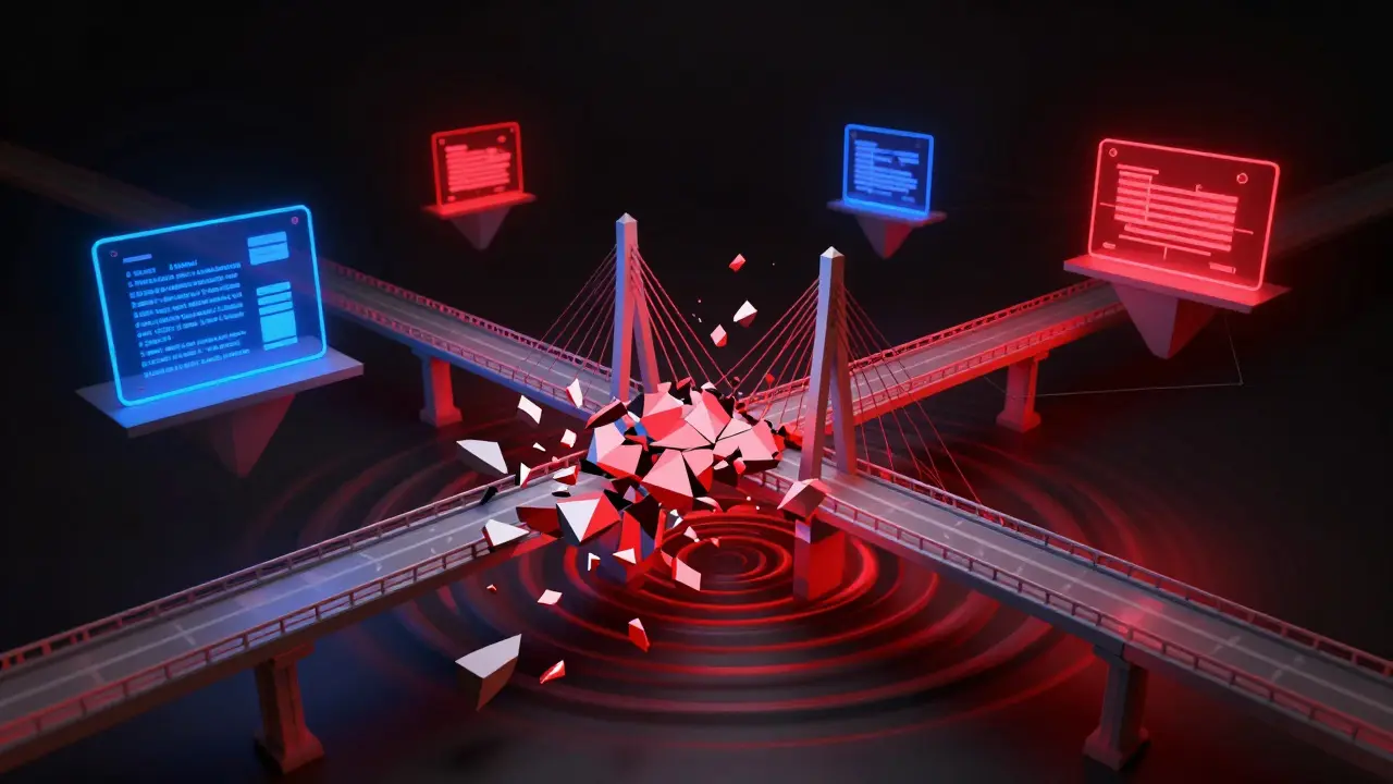 Low poly scene of a shattered digital bridge causing red ripple effects across a DeFi network.