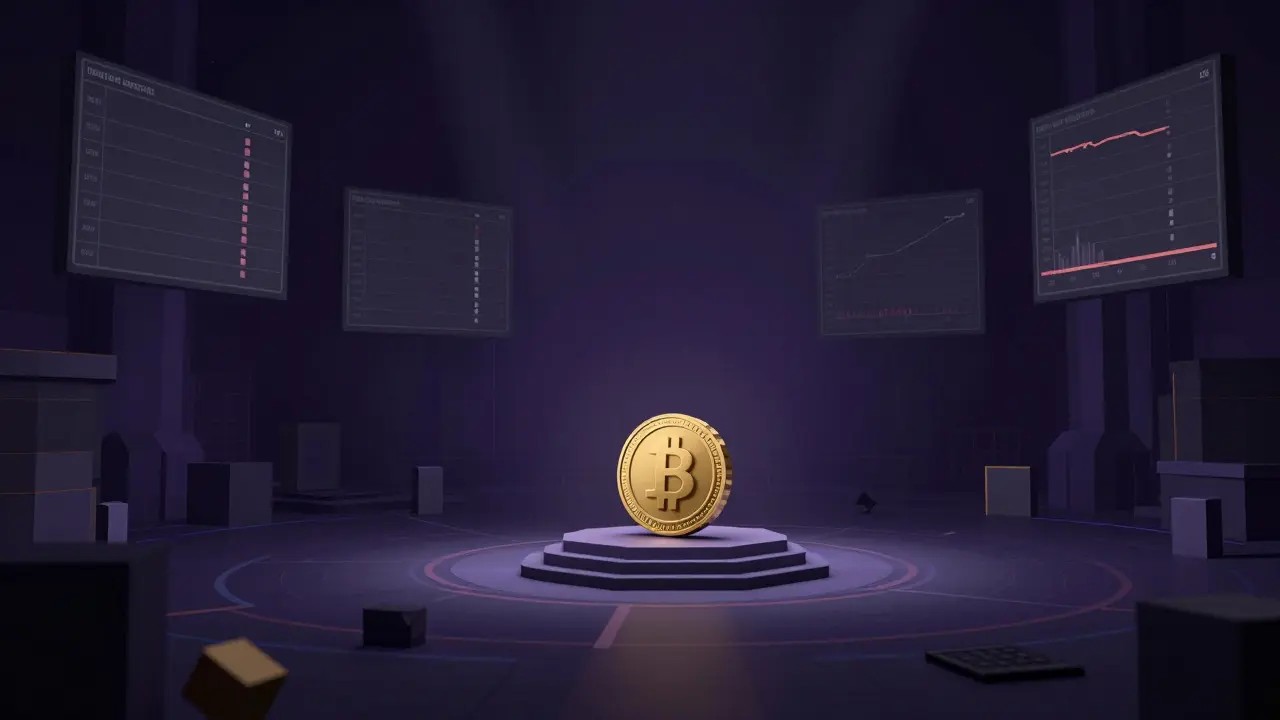 Low poly scene of an empty digital trading plaza with a single coin.