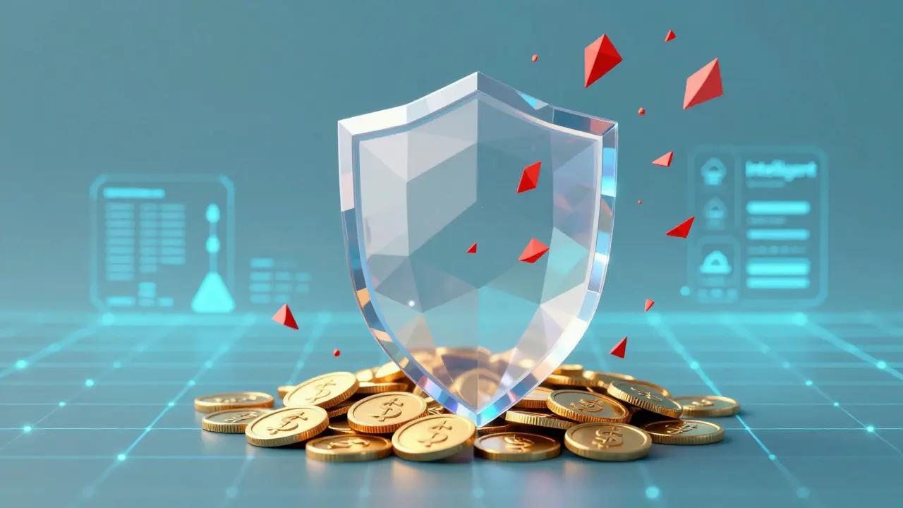 Low poly scene showing a translucent blue shield protecting golden coins from red geometric shards.