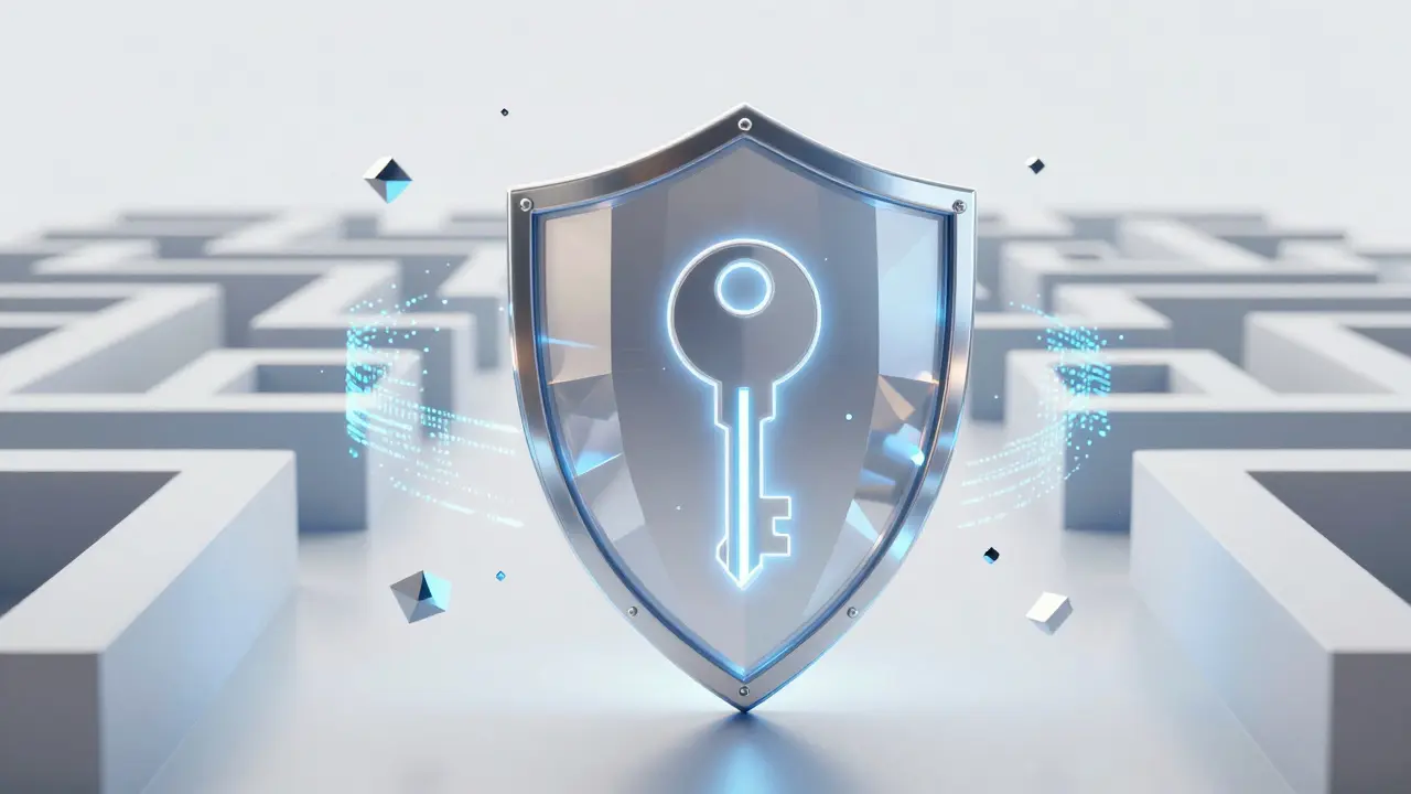 Low poly shield and key symbolizing cryptocurrency security and verification