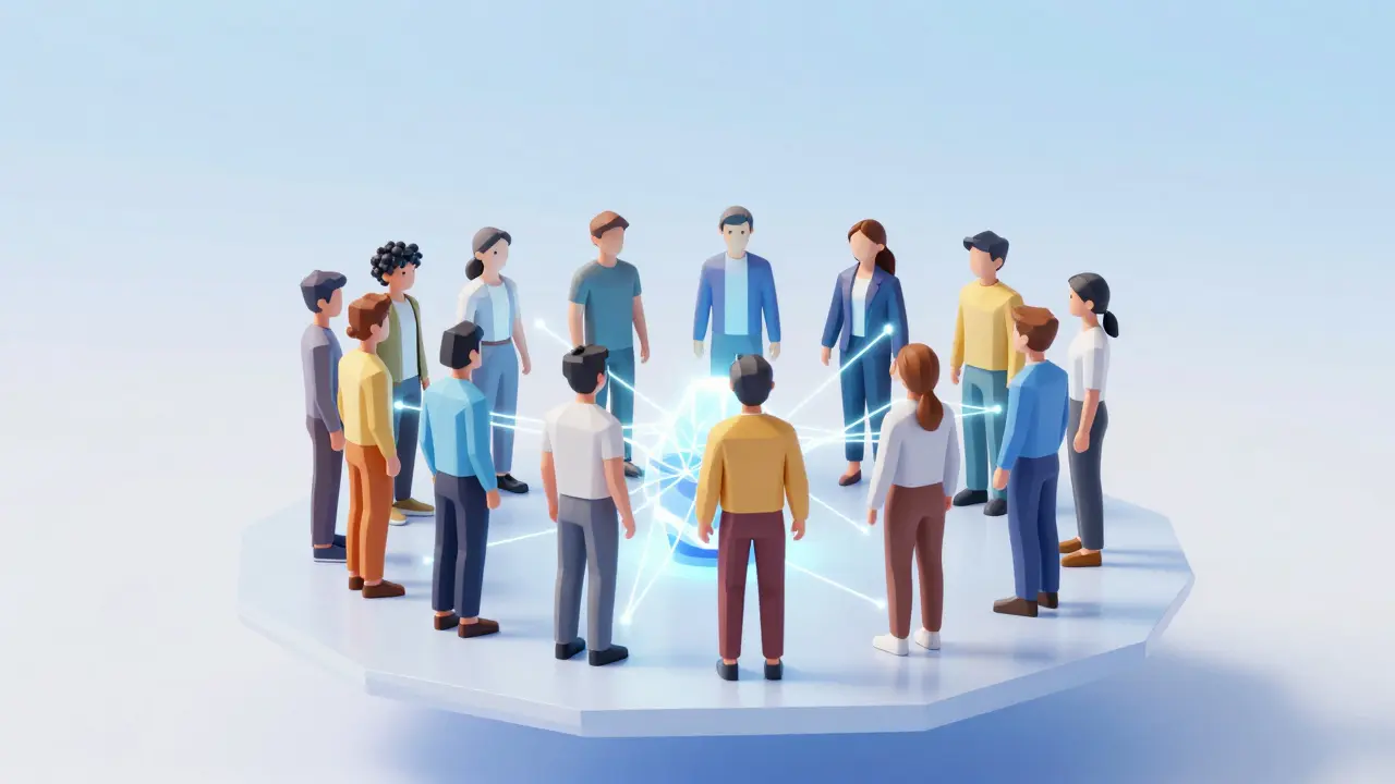 Stylized low poly figures connected to a central glowing core on a platform