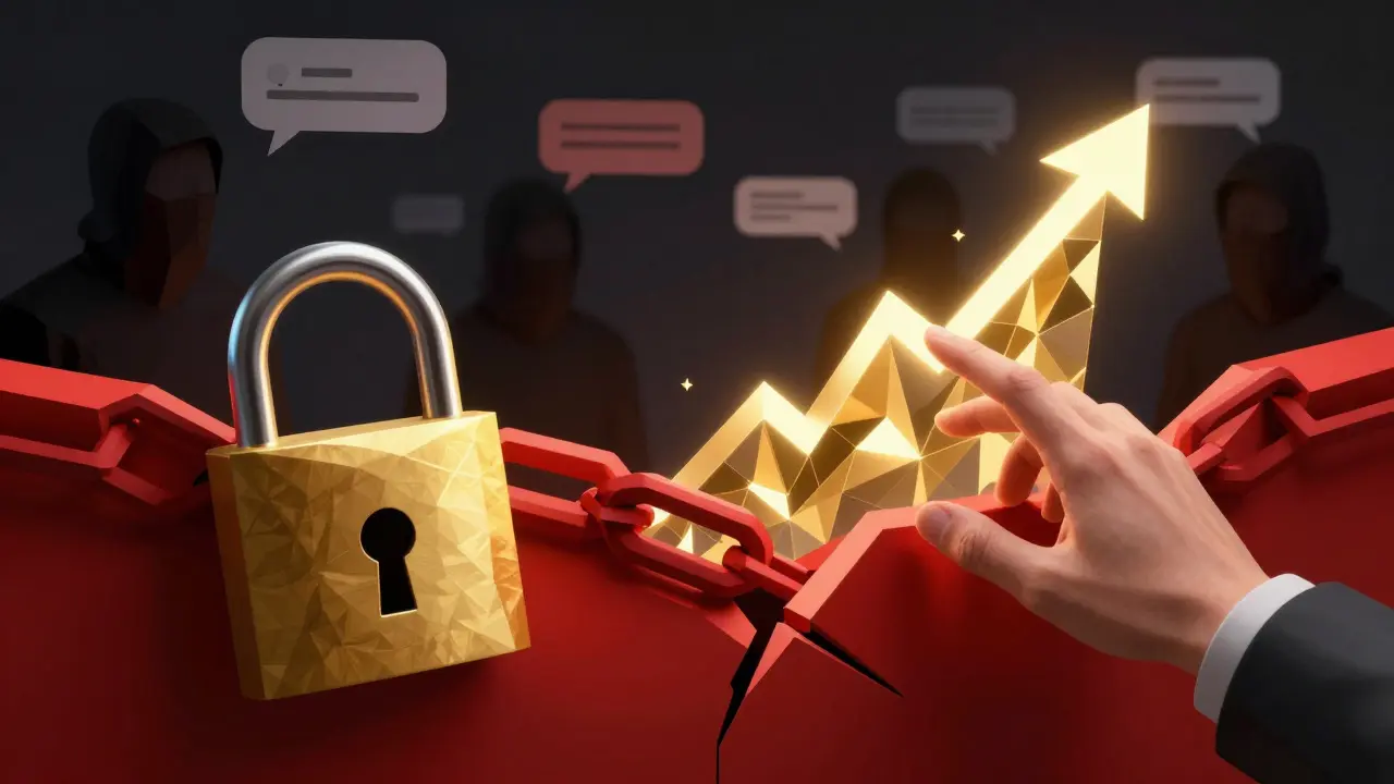 Abstract low poly art depicting a blocked withdrawal attempt and hidden scam threats in crypto.