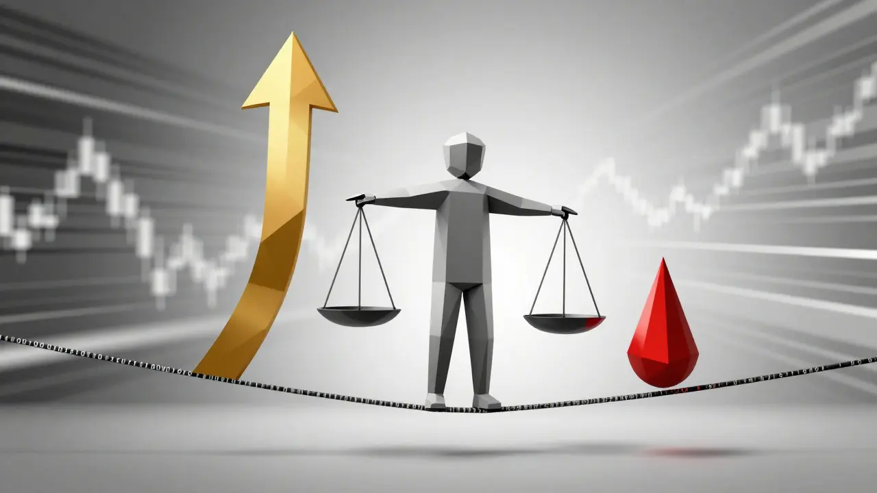 Abstract low poly figure balancing on a rope amidst volatile market arrows.