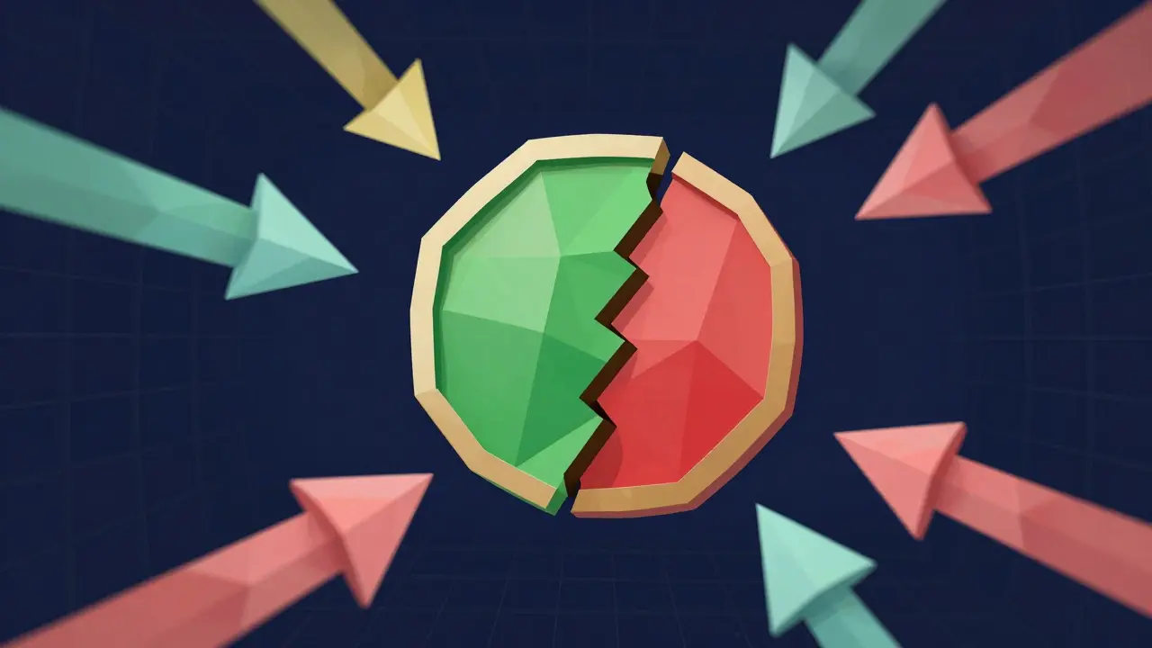 Abstract low poly graphic illustrating conflicting crypto prices and risks