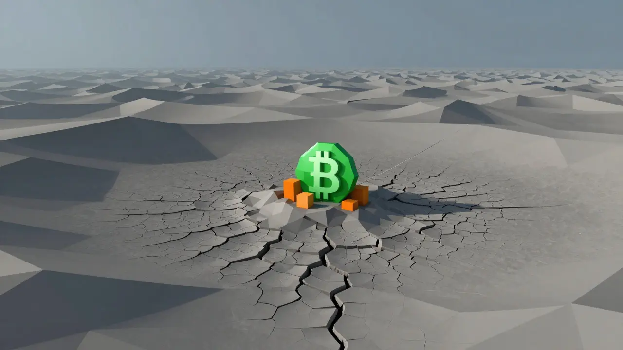 Abstract low poly image of a tiny token island in a vast, empty grey landscape.