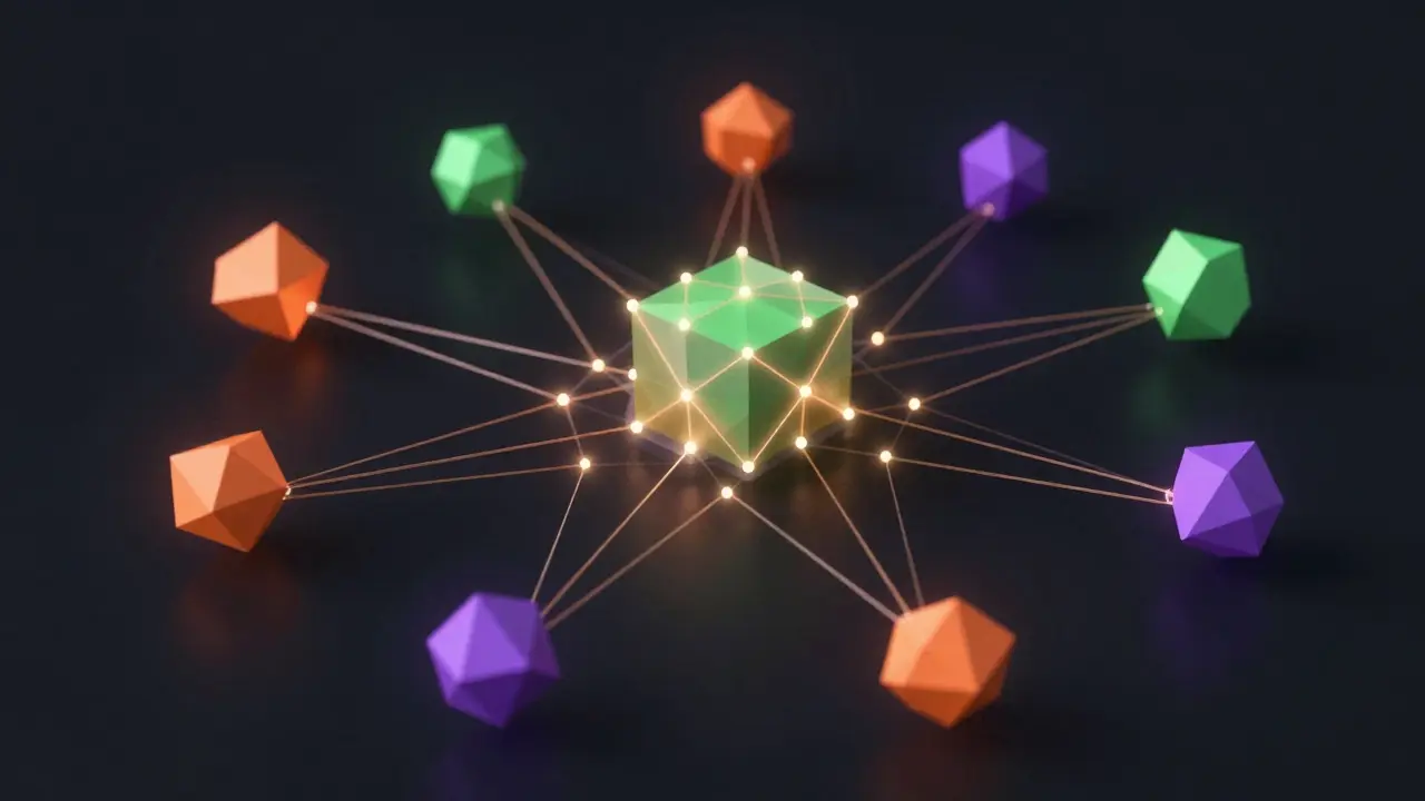 Abstract low poly network showing decentralized subnet token trading paths