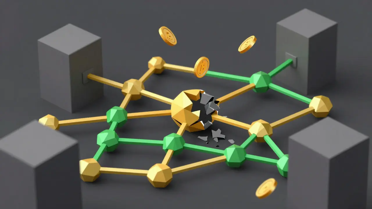 Abstract low poly network showing disrupted illicit crypto flows