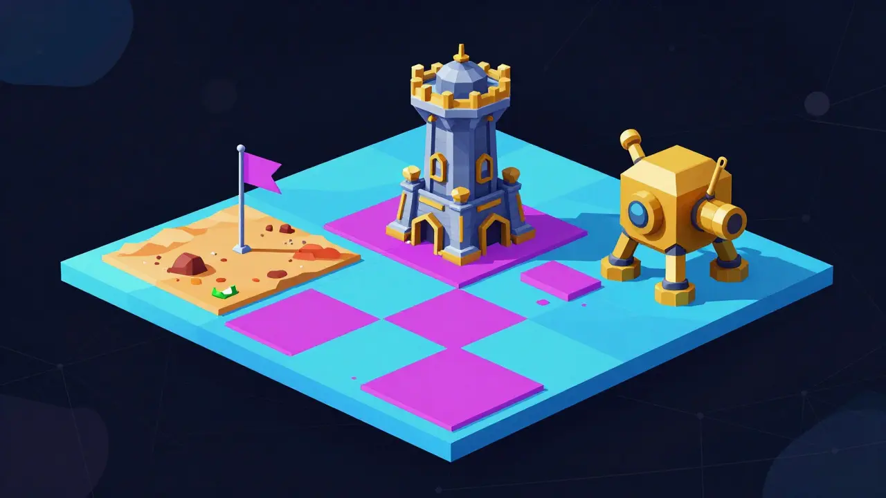 Floating low poly NFT assets including land and towers