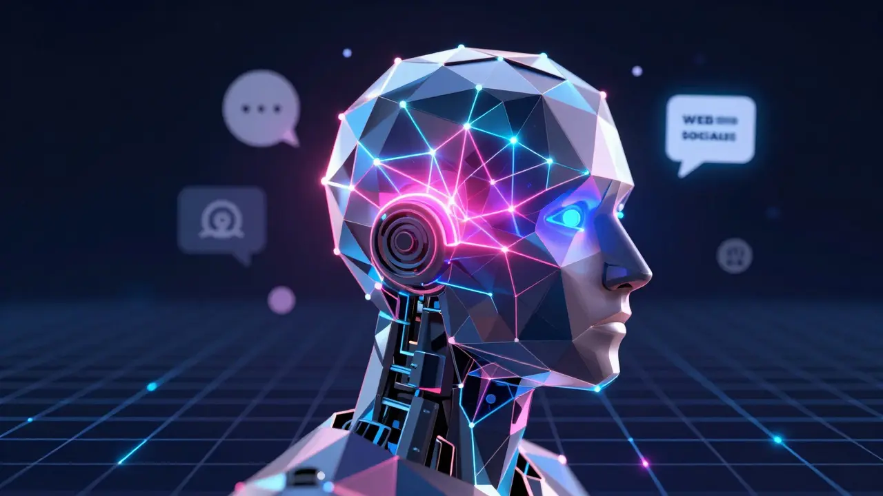 Futuristic low poly blend of AI neural net and social media interface