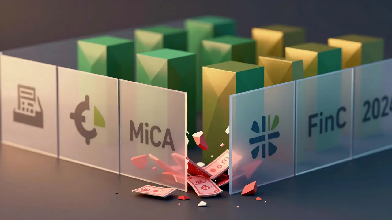 Geometric barriers blocking red illicit funds while protecting green compliant assets