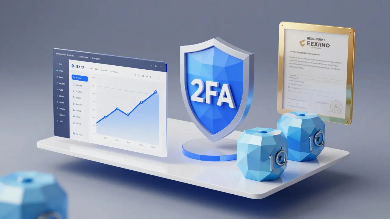 Geometric illustration of a secure crypto trading platform with shields and cold storage vaults.